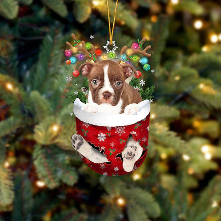 Boston Terrier In Snow Pocket Christmas Ornament SP096