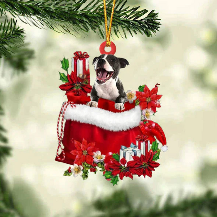 Staffordshire Bull Terrier In Gift Bag Christmas Ornament GB045