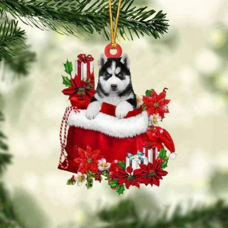 Husky In Gift Bag Christmas Ornament GB065