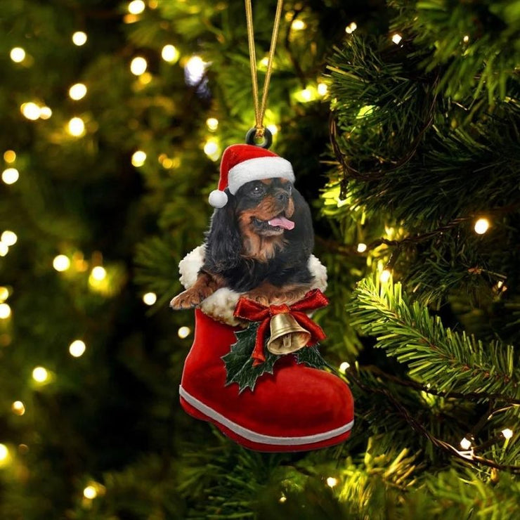 Cavalier King Charles Spaniel Black And Tan In Santa Boot Christmas Hanging Ornament SB061