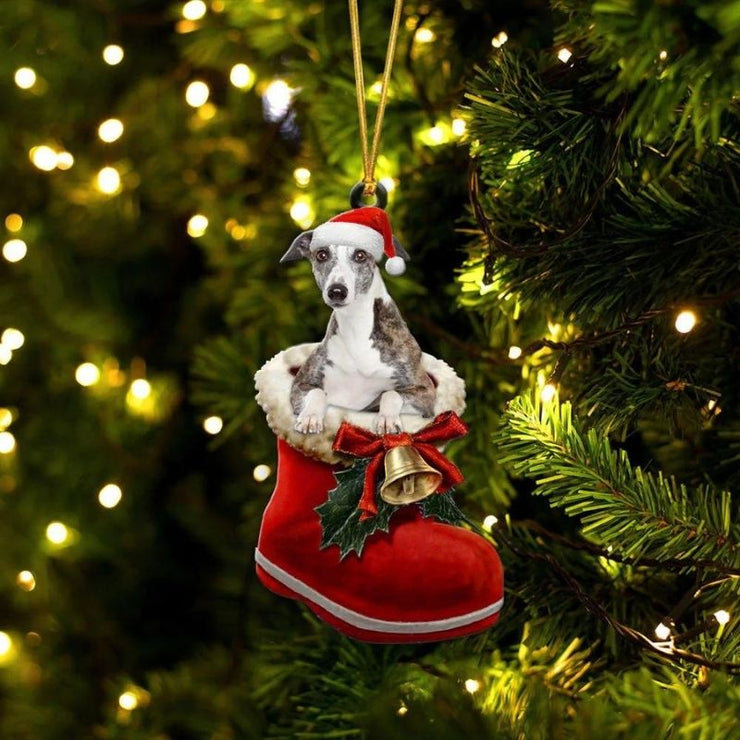 Whippet In Santa Boot Christmas Hanging Ornament SB159