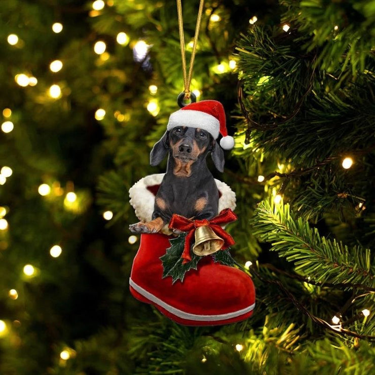 Dachshund Black and Tan In Santa Boot Christmas Hanging Ornament SB189